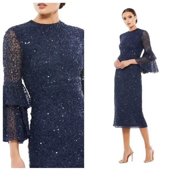 NWT MAC DUGGAL 10802 Navy Fully Sequined Ruffle Tiered 3/4 Sleeve Midi Dress - Picture 1 of 14
